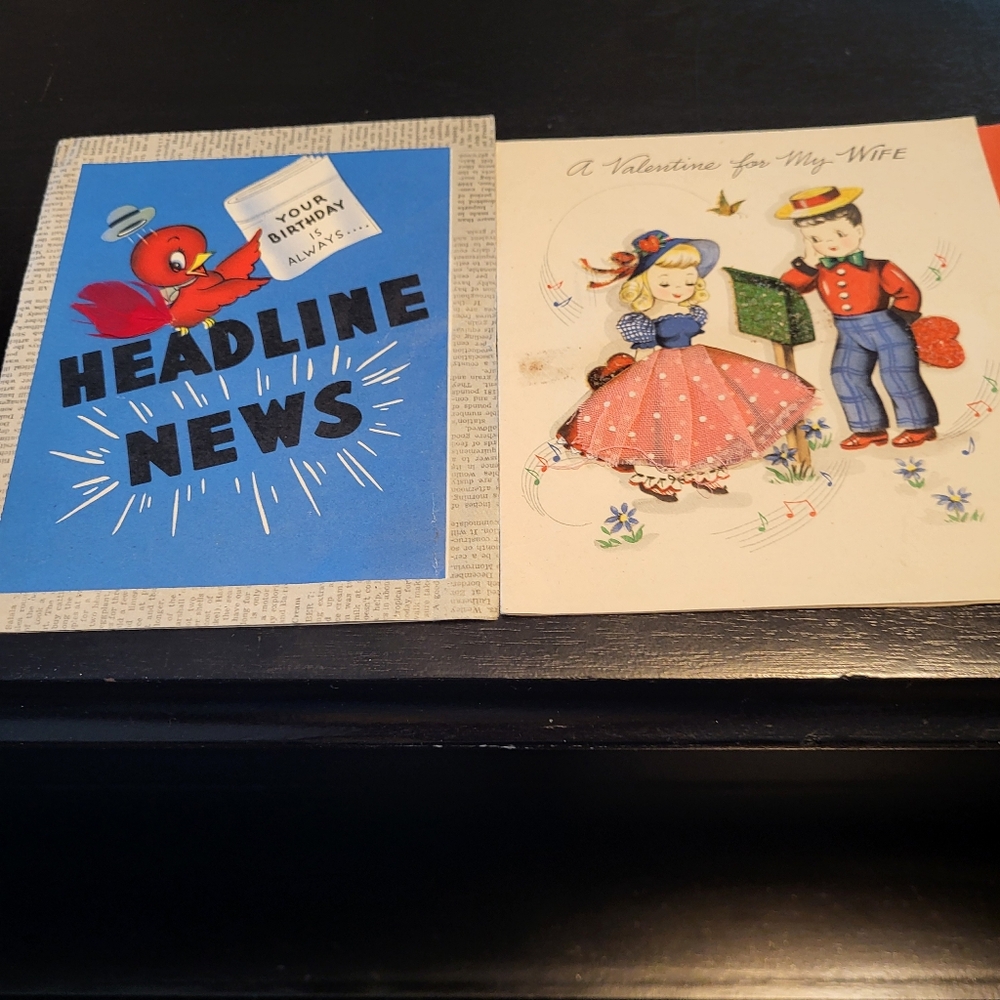 Vintage Greeting Card Duo with Bright Blue Headline News Design